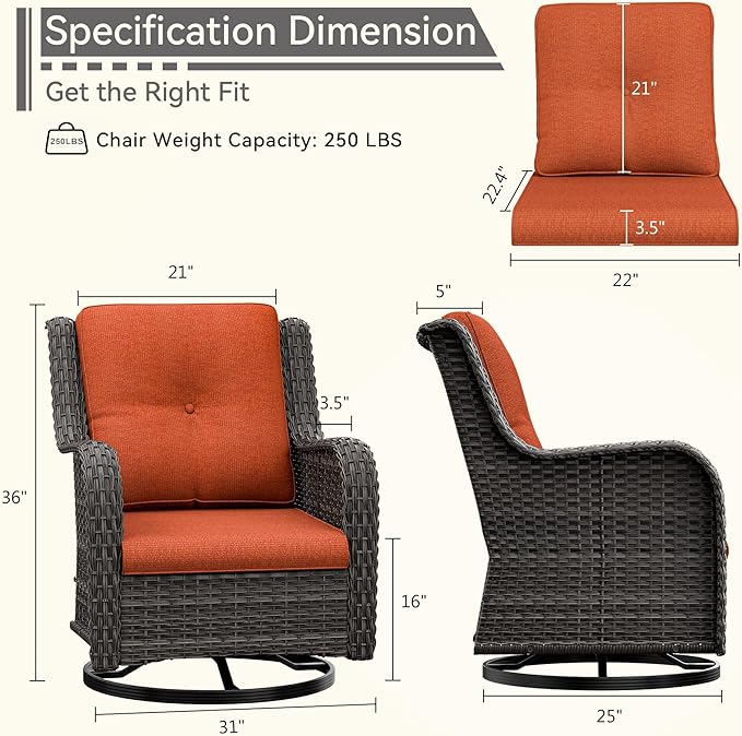 Outdoor Swivel Rocker Patio Chairs Set of 2 - Outdoor Wicker Patio Conversation Sets 2 Pieces with Olefin Fabric Cushions Suitable for Backyard Deck and Porch, Orange