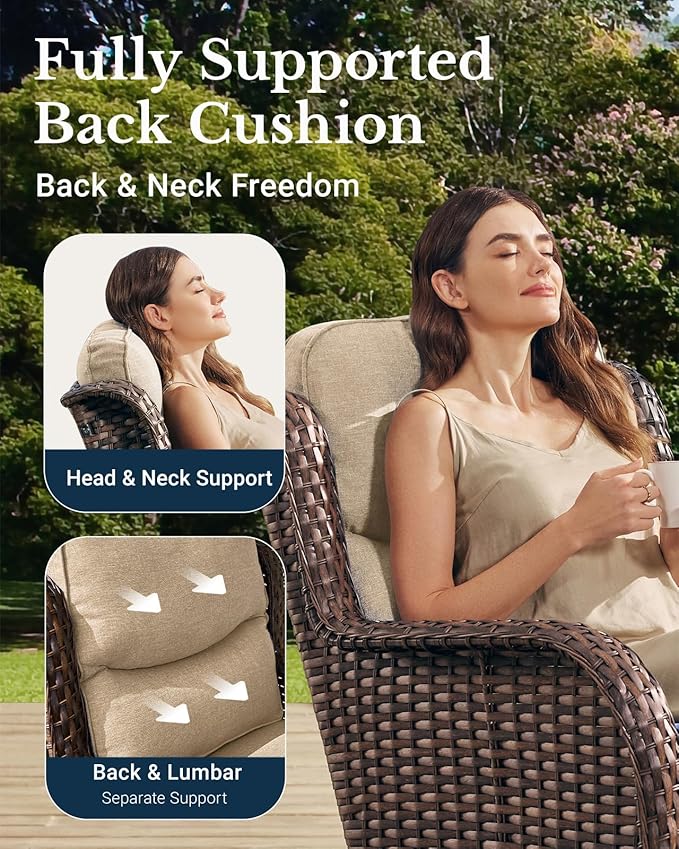 HILLGA Luxury Patio Furniture Set with 6-inch Thick Cushion, Outdoor High Back Swivel Rocker Patio Chairs, 5PCS Wicker Conversation Set for Deck Yard and Poolside, Beige (V2)