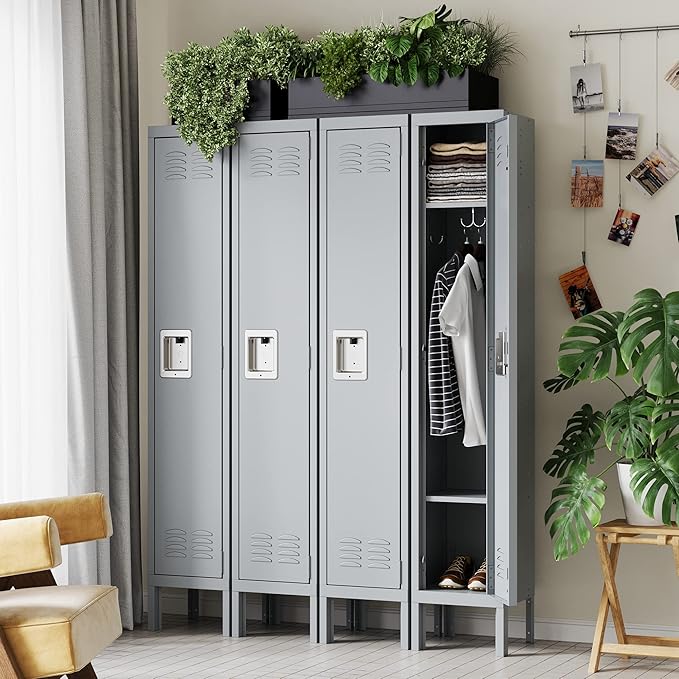 Letaya Storage Lockers with Lock Door,Metal Storage Cabinet 3 Tier with Hook for Employees, School,Gym, Home,Office(1 Door-Gray)
