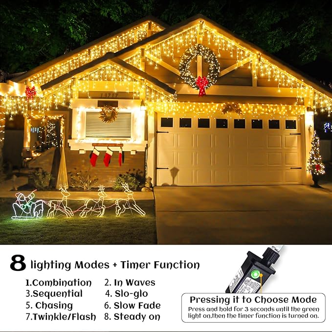 Icicle lights Outdoor - 66ft Christmas Lights with 640LED 120 Drops 8 Modes, Plug in Curtain String Lights Waterproof for Holiday Wedding Party Home Garden Bedroom Indoor Outdoor Decoration,Warm White