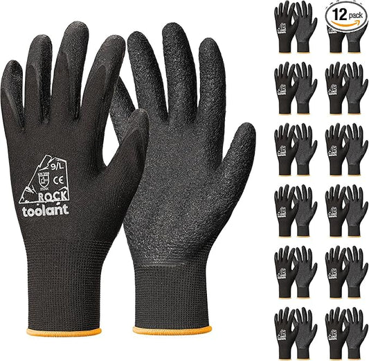 toolant Crinkle Latex Work Gloves Bulk, Rubber Coated Safety Work Gloves for Men and Women, 12 Pairs for Construction, Gardening, Warehouse (Black, Medium)