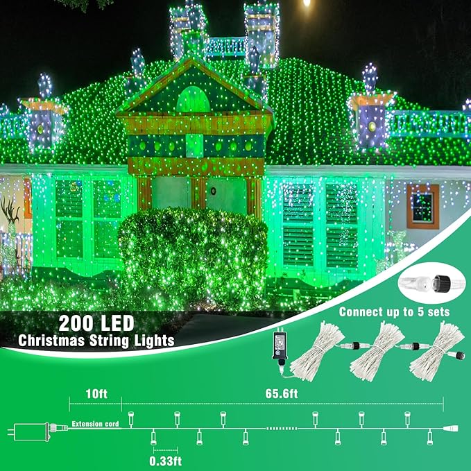 200 LED Green String Lights, 66ft Green Lights Outdoor for St Patricks Day Decorations Clear Wire 8 Modes Waterproof Plug in Twinkle Fairy Light for Indoor Christmas Tree Room Party Decor