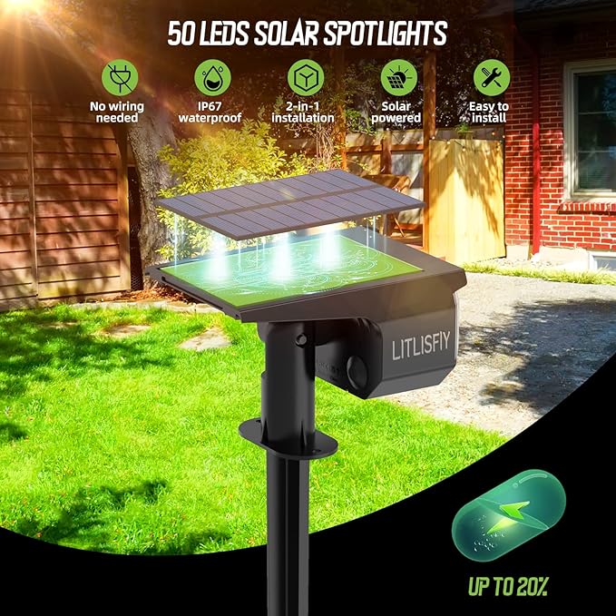 Solar Spot Lights Outdoor Landscape Lights, 50 LEDs Solar Spotlight Outdoor Auto On/Off with 3 Modes, IP67 Solar Outdoor Lights Waterproof Garden Light, 2-in-1 Solar Spotlight for Yard