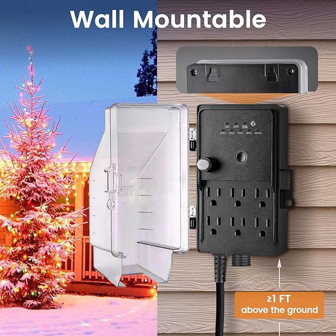 SURAIELEC Outdoor Power Stake, Dusk to Dawn Light Timer, 15FT Extension Cord Multiple Outlet; 6 Electrical Outlet Power Strip Weatherproof, for Patio Lights, Sprinkler, Garden, Christmas Decorations