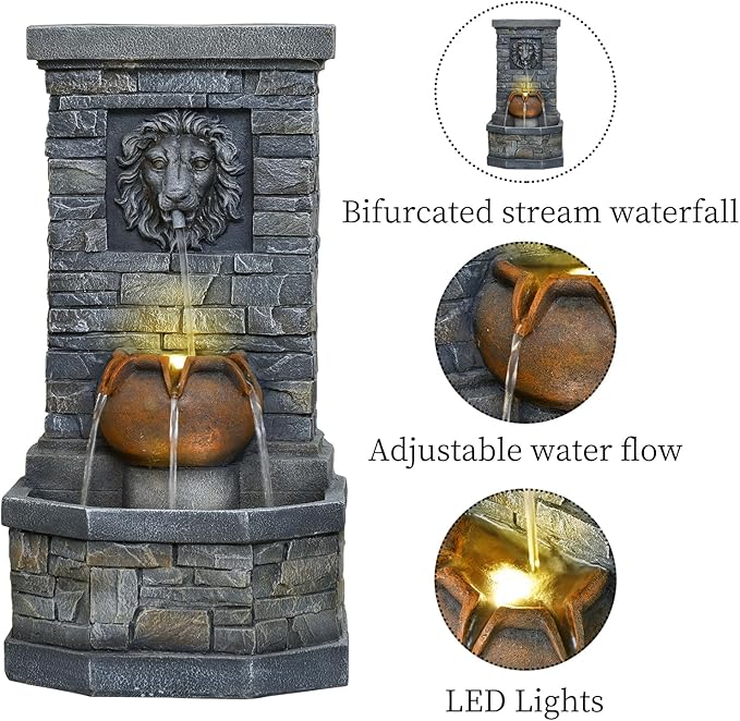 42'' Outdoor Garden Floor-Standing Water Fountain Lion Head Stone with Lights Outdoor Waterfall for Patio, Backyard, Deck, Porch and Home Art Decor