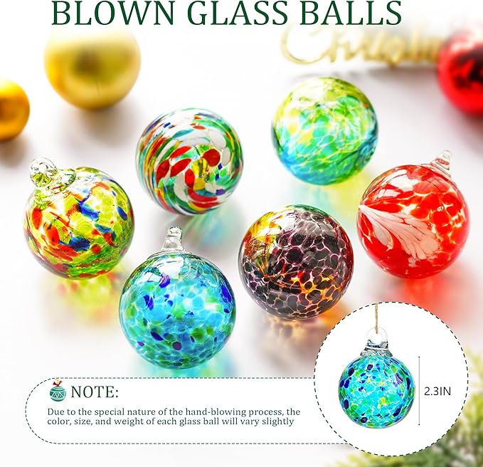 QFkris 6 Pack Hand Blown Glass Ornament for Christmas Tree, 2.3" Hanging Gazing Ball Witch Balls Glass Friendship Gift for Indoor Window Garden Outside Home Decor for Women