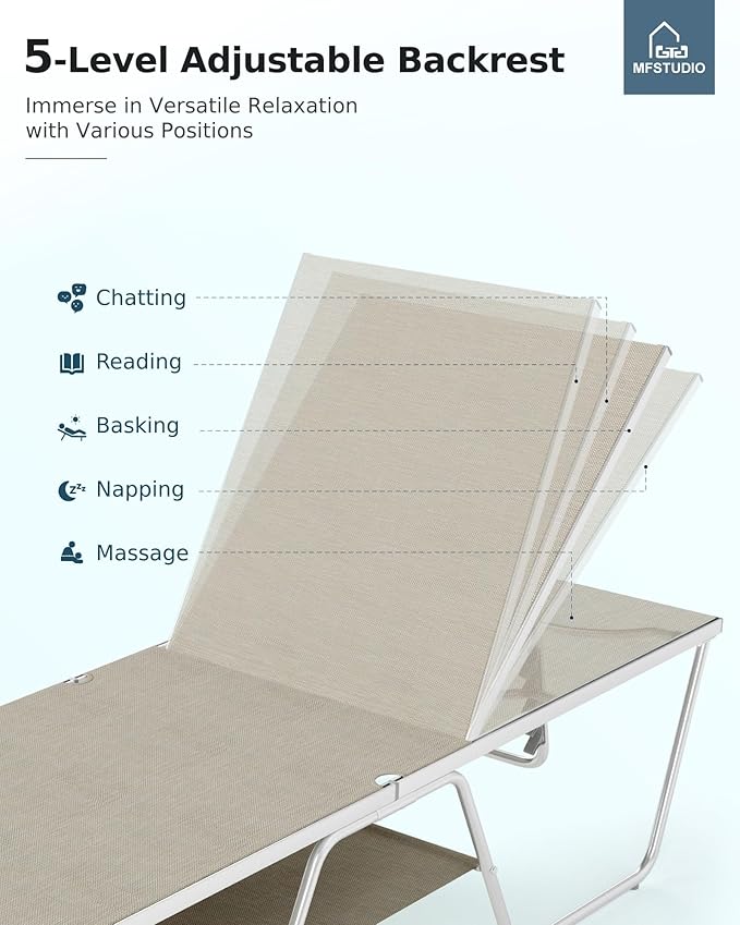 MFSTUDIO Outdoor Chaise Lounge Chairs of 2, Patio Recliner Lounge Chairs with 5 Adjustable Positions, Patio Pool Tanning Lounger Chairs, Textilene, All Weather Use