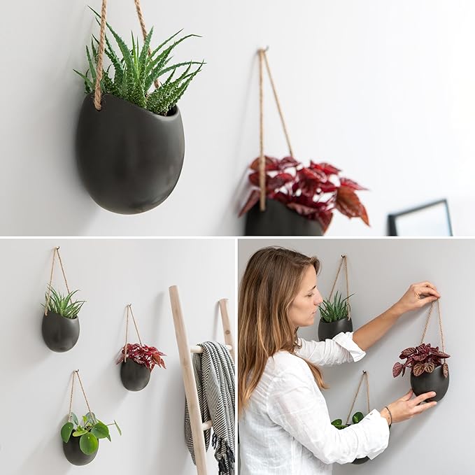 Wall Planters -Ellie- | Hanging Ceramic Plant Pots 3 Pieces | Wall Decoration for Indoors, Balcony and Garden | Graphite (Matte)