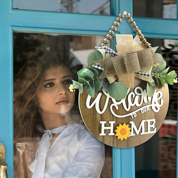 interchangeable 3D Welcome Sign for Front Door |Home/Farmhouse Porch Décor Wooden Hanging Sign with Artificial Leaves and Rustic Beads | Christmas Classroom |12" Round