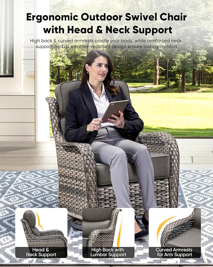 HUMMUH Wicker Patio Furniture Set 6 Inch Thick Cushion Outdoor Swivel Rocker Patio Chairs with Deep Seat Sofa 6PCS Outdoor Furniture Set for Porch Garden Deck