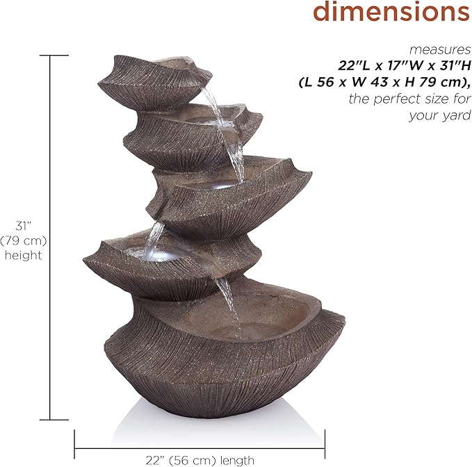 Alpine Corporation WIN1332L-BR Outdoor Floor Tiered Basin Fountain with LED Lights, Modern Basin Garden Fountain 31", Brown