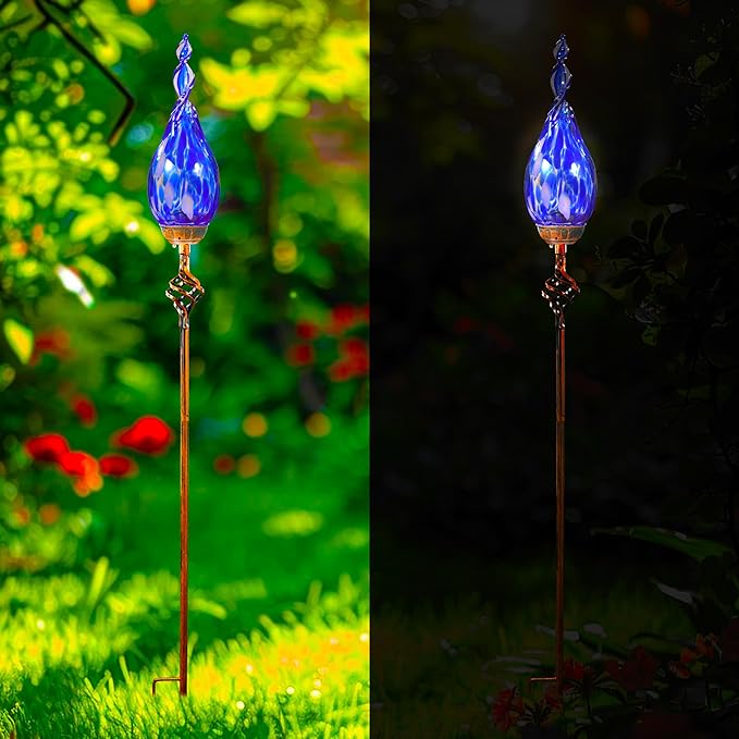 Solar Garden Lights, Decorative LED Flame Garden Stakes, Hand Blown Glass and Outdoor Waterproof Glass Stakes (Dark Blue)