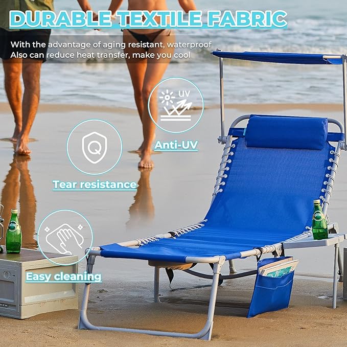 #WEJOY 4 in 1 Tanning Chair with Face Hole & Canopy & Side Table, 5 Positions Adjustable Folding Quick Dry Facedown Chaise Lounge with Pillow for Beach Poolside Outdoor Camping Patio (Darkblue)