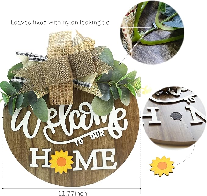 interchangeable 3D Welcome Sign for Front Door |Home/Farmhouse Porch Décor Wooden Hanging Sign with Artificial Leaves and Rustic Beads | Christmas Classroom |12" Round