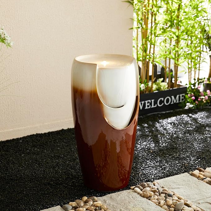 Glitzhome 29.25" H Oversized Ceramic Vase Outdoor Water Fountain, Tall Sand Beige Brown Glaze Patio Garden Water Fountain with LED Light and Submersible Pump for Garden Patio Balcony Yard Art Decor