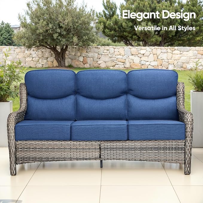 Swivel Patio Chairs sofa Set of 4 with 6" Thick Cushion - Wicker Outdoor Swivel Rocker Patio Chair ,Sofa/Glass coffee table, High Back Comfortable Outdoor Glider Chairs - Grey Wicker | Blue Cushions