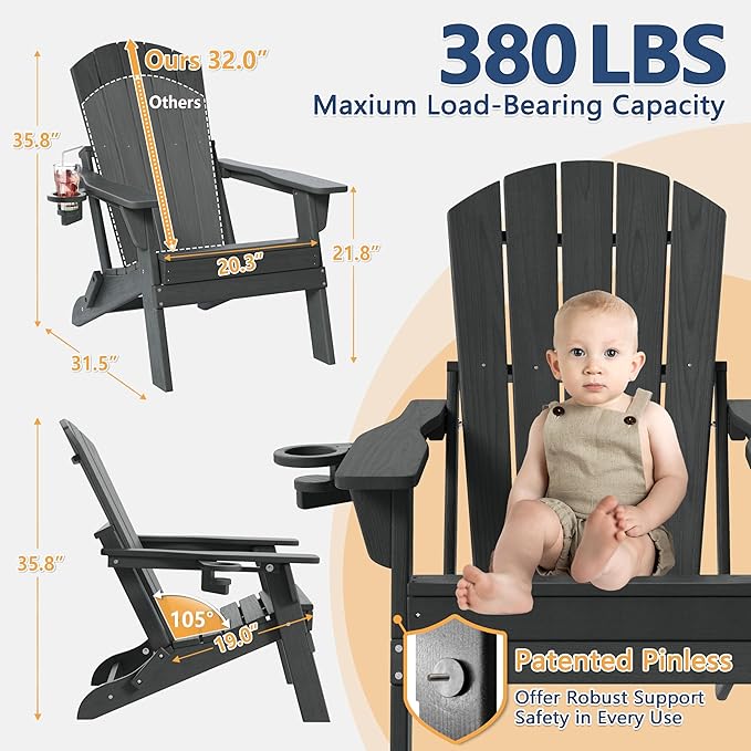 Folding Adirondack Chair with Cup Holder, HDPE All Weather Resistant Plastic Outdoor Patio Chairs, Heavy Duty Fire Pit Seating for Backyard Lawn Garden, Wooden Textured Design(Gray)