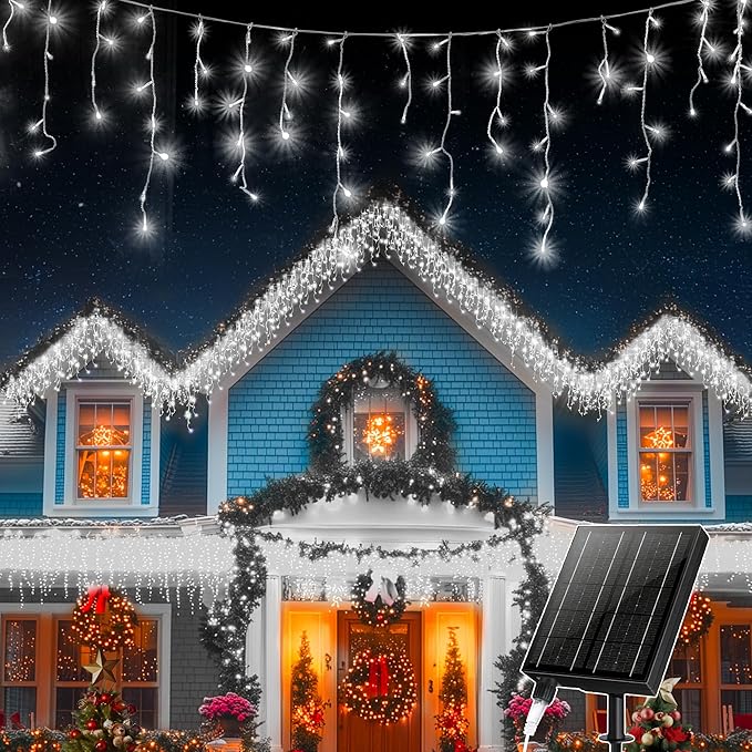 XZAI Solar Icicle String Lights 800LED 50FT Cool White Remote Connectable 2400mAh USB Rechargeable 8 Modes Timer Dimmable IP65 Waterproof Twinkle for Outdoor Christmas & Wedding & Party Decors
