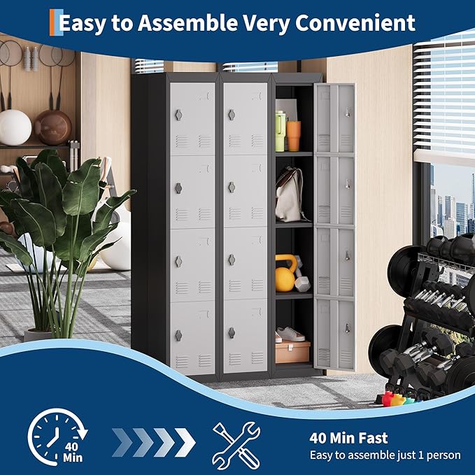 4 Doors Tall Single Metal Locker, Metal Lockers for Employees with Keys, 72” Black Employee Storage Cabinet with Doors, Steel Storage Cabinets Lockable for School, Gym, Home, Office, Mudroom, Black