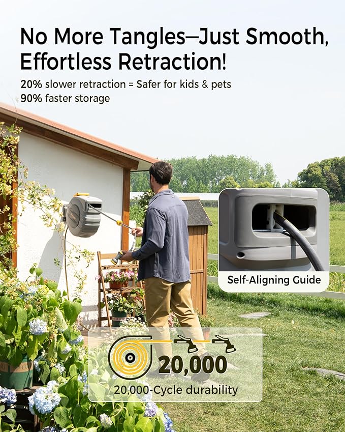 Retractable Garden Hose Reel 1/2 in x 130 ft, 2025 Upgraded Dual Ratchet Lock UV & Freeze Protection Brass Seal Slow Retraction Anti-Tangle Hose 180°Swivel Reinforced Scaffold Wall Mount