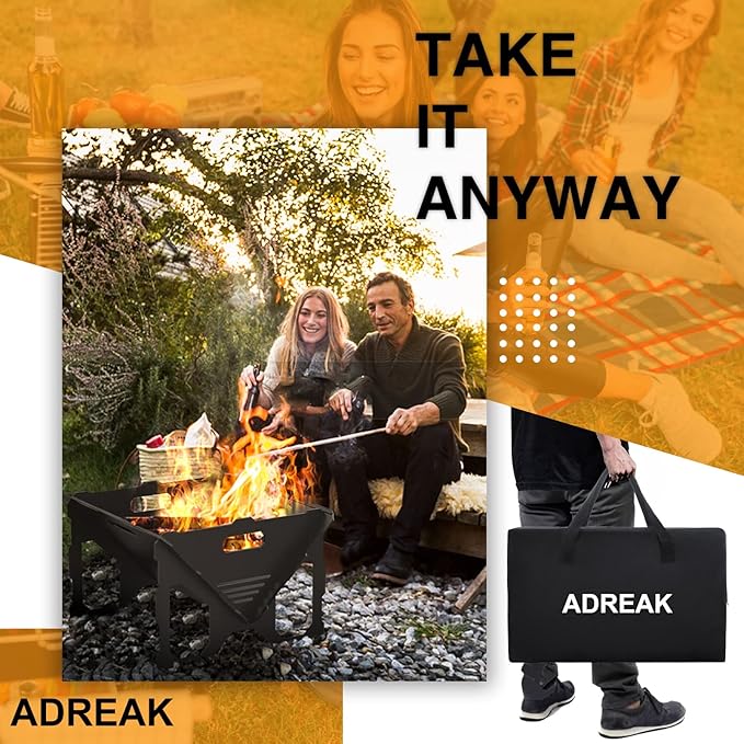 20 inch Fire Pit, Outdoor Portable Firepit with BBQ Tray, Detachable Camping Steel Fire Pits for Backyard, Patio, Picnic, Bonfire, Garden (Black-Large)