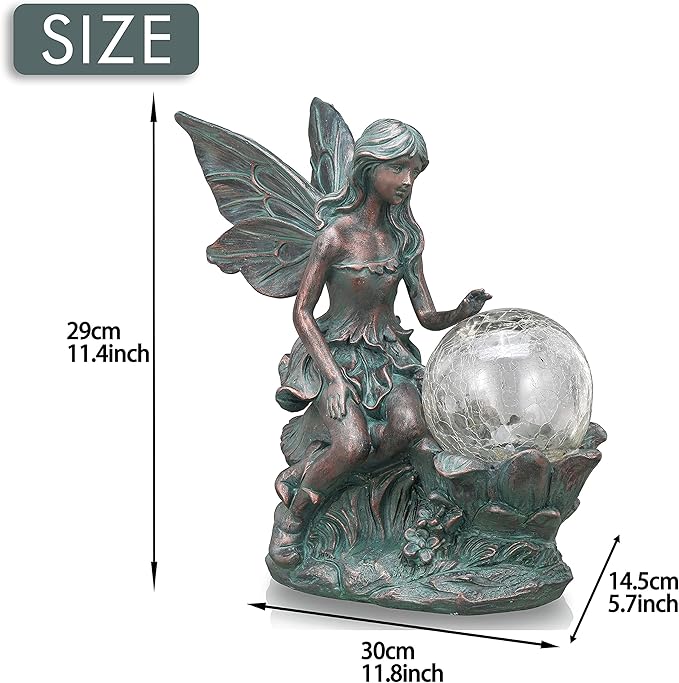 TERESA'S COLLECTIONS Fairy Garden Statues with Solar Outdoor Light for Outdoor Decor, Fairy Valentines Decorations Garden Decor Resin Sculptures with Crackle Glass Globe,Gifts for Mom Yard Decor,11.8"