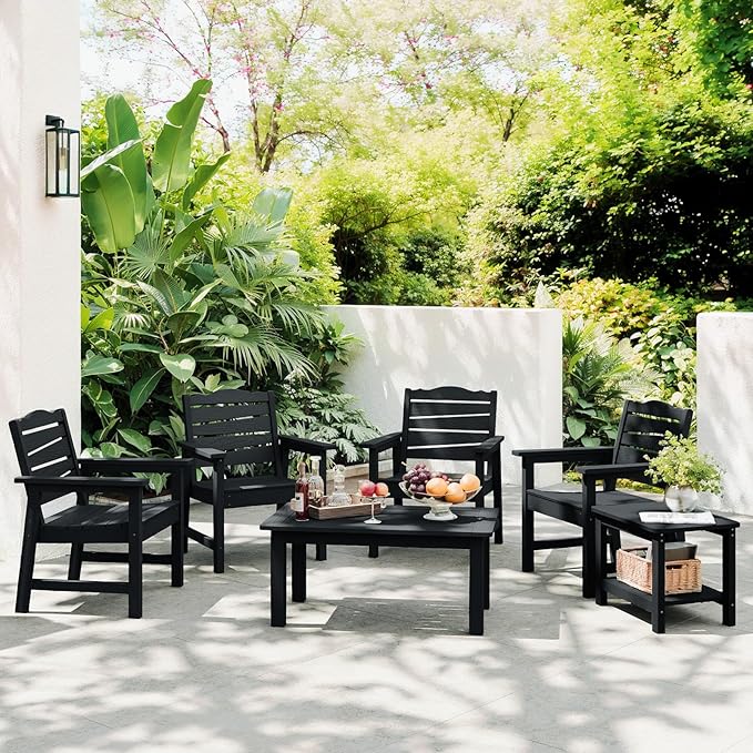 Patio Chairs Set of 2, Weatherproof HIPS Outdoor Dining Chair with Ergonomics Wide Seat, 400lbs Capacity Outdoor Chairs for Garden, Porch, Lawn & Backyard, Black