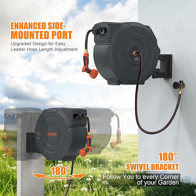 NEOTEC Retractable Garden Hose Reel 5/8 inch x 90ft - Wall Mounted Heavy Duty Hose Reel with 3/4 Inch Brass Fittings & 9-Pattern Nozzle - Auto Rewind System, Any Length Lock, 180° Swivel Bracket