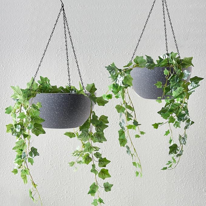 WOUSIWER 13 inch 2 Pack Large Hanging Planters for Indoor Outdoor Plants with Drainage Holes and Chain, Round Hanging Flower Pots for Garden Home Porch Decor, Grey Speckles