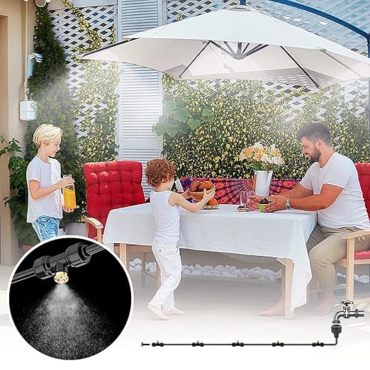 Misting Systems, Misters for Outside Patio, 100FT Misting Cooling System+30 Brass Mister System+2 PE Antioxidant Adapters 3/4"+2 Tee Adapters+2 90 Degree Elbows for Pasture, Garden, Greenhouse, Gazebo