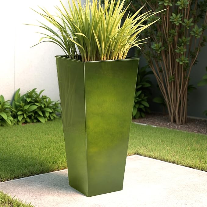 WORTH Garden 25" Large Metal Glazed Planter Set of 2, Luxurious Glossy Finish Green Tall Square Tapered Steel Plant Pots, Decor Flower Pot Indoor & Outdoor, Drainage Hole & Dual-Purpose Plant Saucer