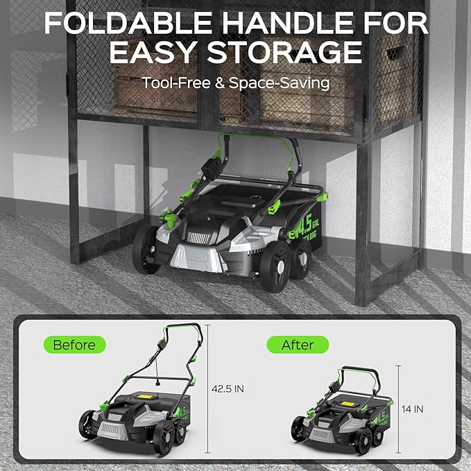 16-Inch 15.5 Amp 2-in-1 Electric Dethatcher and Scarifier with 14.5-Gallon Removable Thatch Collection Bag, Lawn Dethatcher with 5-Position Depth Adjustment, Quick-Fold, Keeps Lawn Healthy