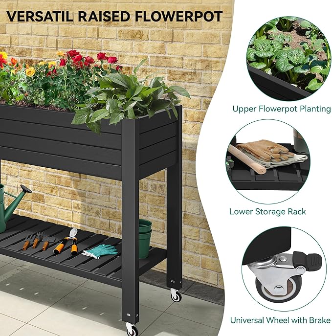 YITAHOME 43.3x17.7x34 in Elevated Garden Bed, Outdoor Plastic Planter Box with Wheels, Legs, Drain Plug, and Storage Shelf for Plants, Vegetables, Flowers, Herbs, Black