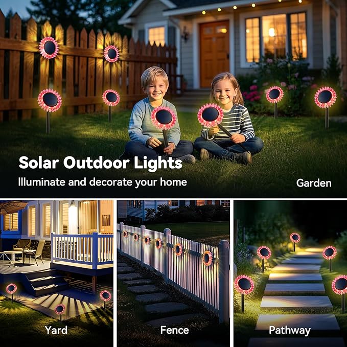 Hogni Solar Pathway Lights - 2 Pack LED Sunflower Garden Light, Waterproof Outdoor Decor for Wall, Lawn, Yard, Walkway, Patio, Landscape