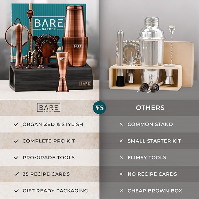 BARE BARREL® Mixology Bartender Kit Bar Set | 14-Piece Cocktail Shaker Set | Martini Barware Mixing Tools for Home Bartending | Incl. 35 Recipe Cards | Gift Set (28oz Boston Shaker, Copper/Black)
