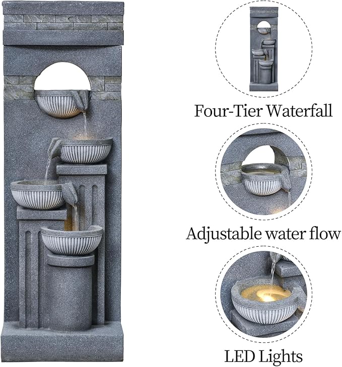 42.52" Outdoor Garden Water Fountain with Lights Floor-Standing 4 Tiers Cascading Large Waterfall Fountain for Patio, Backyard, Deck, Porch and Home Art Decor