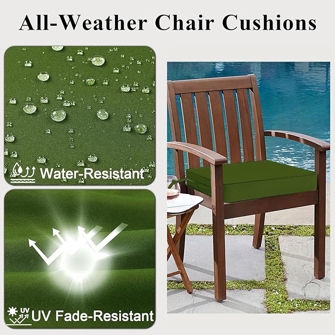 Outdoor Chair Cushions Set of 2 for Patio Furniture 19x19x4 Inch Waterproof Patio Chair Cushion 3 Year Color Fastness Square Elastic Foam Garden Couch Pads with Ties and Handle,Green