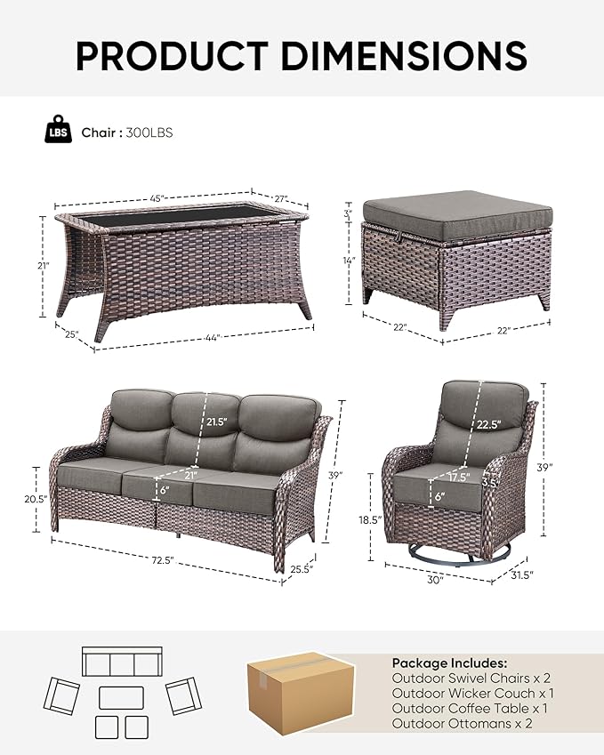 HUMMUH Wicker Patio Furniture Set 6 Inch Thick Cushion Outdoor Swivel Rocker Patio Chairs with Deep Seat Sofa 6PCS Outdoor Furniture Set for Porch Garden Deck