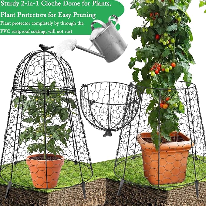 Plant Protector Chicken Wire Cloche 4 PCS, Plant Protectors from Animals, 18.7×12 Inch Large Garden Cloches for Plants, Sturdy 2-in-1 Cloche Dome for Plants, Plant Protectors for Easy Pruning
