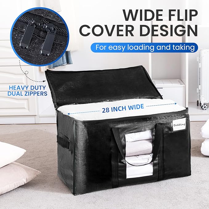 TAILI Extra Large Moving Bags, 6 Pack Black Heavy Duty Totes For Storage with Visible Window, Wrap Around Handles, Storage Bags for Space Saving, Alternative to Moving Boxes