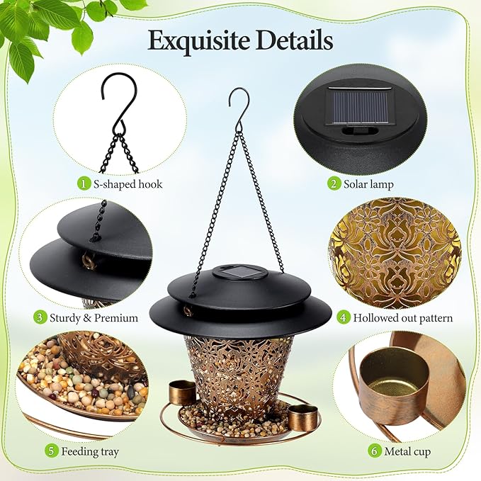 Solar Bird Feeders for Outside Hanging Metal Wild Bird Feeder Solar Lanterns Outdoor Waterproof Garden Decor for Yard Brown