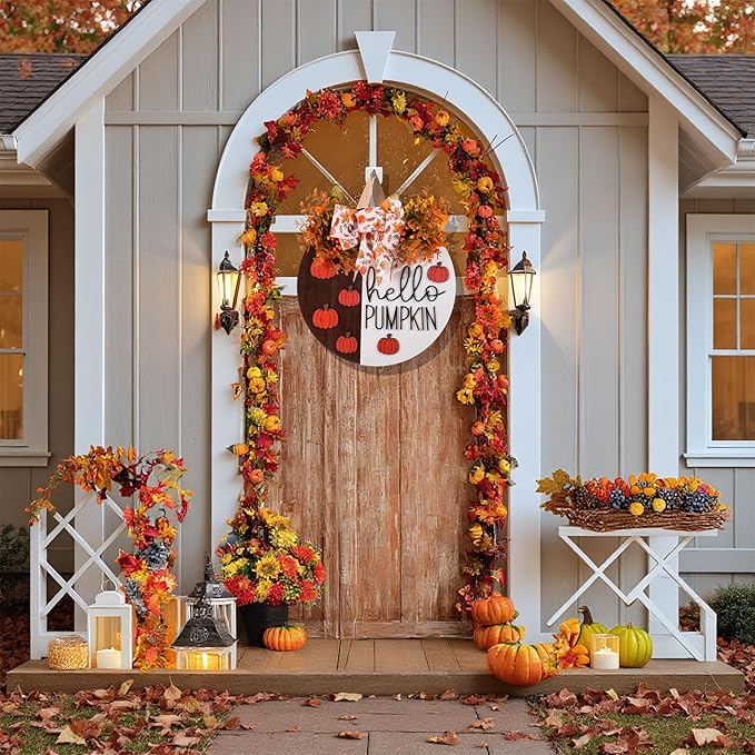 3D Hello Pumpkin Wooden Sign, Fall Outdoor Wreath for Front Door with Bow & Wreath | Fall Autumn Harvest Farmhouse Hanging Decor | Indoor Outdoor Porch, Wall, Home Decor