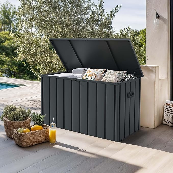 PURPLE LEAF Outdoor Deck Box 120 Gallon Waterproof Lockable Storage Box Container with Lid Deck Organization for Patio Cushions Side Table Pool Accessories Garden Tools, Gray