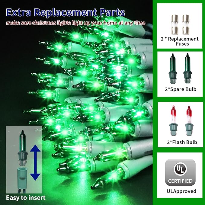 Ultra-Bright Connects End to End Green Christmas Mini Lights 100L 19.6Ft UL Listed Incandescent Bulb String Light Set for Indoor Outdoor Holiday Garden Party Christmas Tree Garland Decor