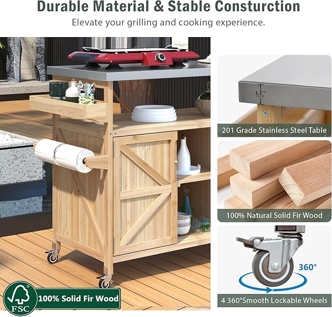 Grill Cart with Stainless Steel Tabletop - Outdoor Storage Cabinet for BBQ, Bar Patio Kitchen Island with Ample Storage and Lockable Wheels