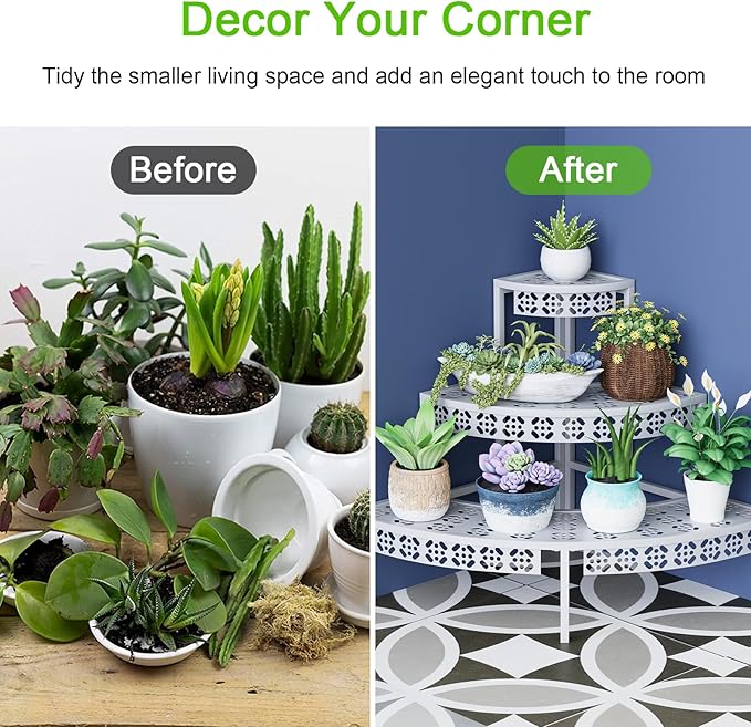 3 Tier Plant Stand Semi-Circular Flower Pot Organizer Rack Quarter Round Plant Display Holder Outdoor Storage Shelves Metal Corner Shelf Planter Shelving Ladder Plant Stand for Indoor Use(White)