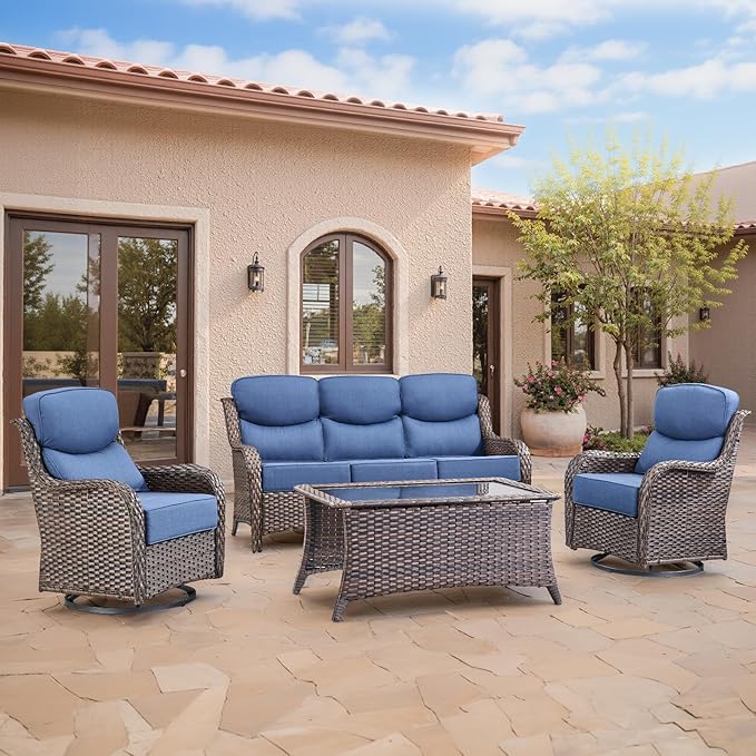 Swivel Patio Chairs sofa Set of 4 with 6" Thick Cushion - Wicker Outdoor Swivel Rocker Patio Chair ,Sofa/Glass coffee table, High Back Comfortable Outdoor Glider Chairs - Brown Wicker | Blue Cushions