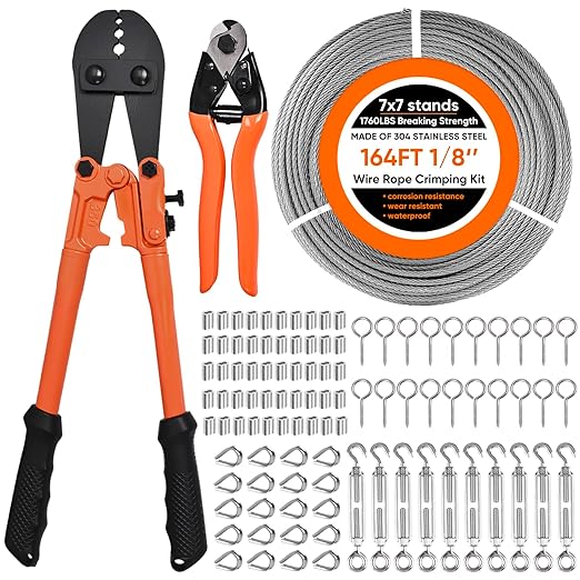 164FT 1/8" Stainless Steel Cable Kit with Wire Rope Crimping Tool and Cable Cutter, Turnbuckle Wire Tensioner Kit, 7x7 Strands Aircraft Cable for Deck Railing, Porch Fence, String Light