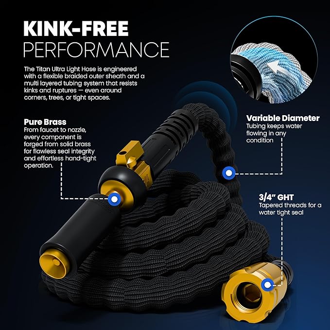 TITAN Flexible Garden Hose 25FT – Ultra Lightweight, Heavy Duty Water Hose with Brass Fittings & Jet Nozzle – Kink-Free, Non-Expanding, Durable Fabric Hose for Yard, Lawn, Car Wash, Outdoor Use