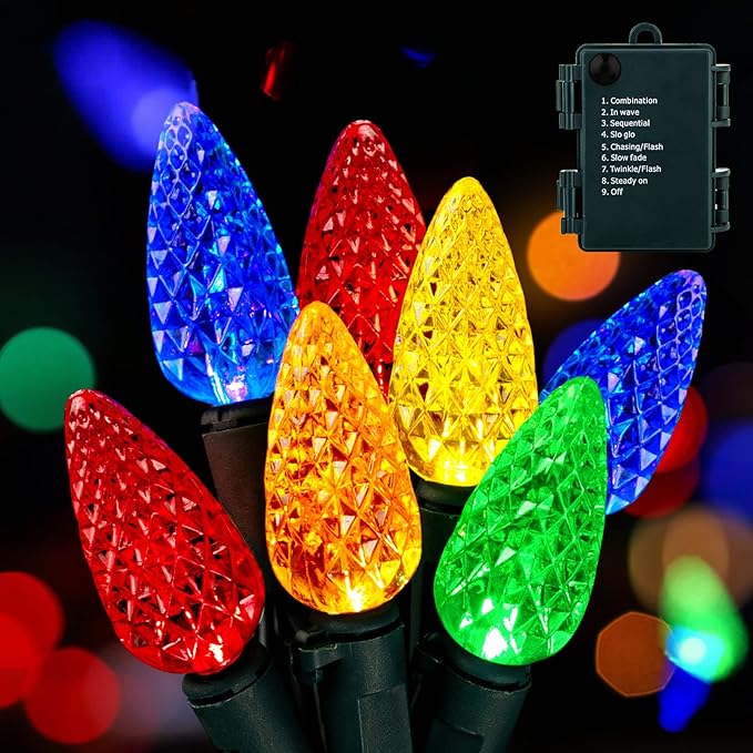 C6 LED Christmas String Lights - 2 Pack 20ft 60LED Battery Operated Strawberry String Lights with Timer and 8 Light Modes for Christmas Trees, Wreaths, Indoor Outdoor Xmas Decor, Multicolor
